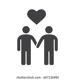 Homosexual couple glyph icon. Gays silhouette symbol. Two men holding hands with heart shape above. Negative space. Vector isolated illustration