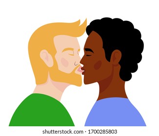 Homosexual couple. The guys are kissing. The concept of free love, relationships, love and romance. Vector illustration in flat style.