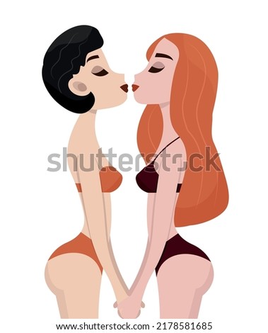 Homosexual couple in love flat vector illustration, kissing girls. Love concept, passion, lust, relationship, dating, attraction, desire, LGBT, tolerance, lesbians, sexual orientations, love equality