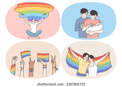 Homosexual couple love and rights concept. Set of young positive women lesbians and men gays having rainbow in head kissing hugging adopting baby vector illustration 