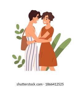 Homosexual couple of loving and cuddling women. Lesbian characters embracing. Scene of romantic relationships and date. Flat vector cartoon illustration of hugging girlfriends isolated on white