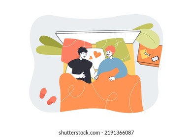 Homosexual couple lying in bed under blanket. Two young men with hearts above heads flat vector illustration. Love, romantic relationship concept for banner, website design or landing web page