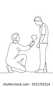 homosexual couple male teenagers - one line drawing. Concept of homosexual love confession, proposal to get married, gay gives flowers to his partner