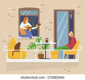 Homosexual couple on cozy balcony with coffe table, cat and plants. Home activities. Work from home. Playing guitar. House exterior. Flat vector illustration.