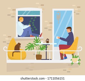 Homosexual couple on cozy balcony with coffe table, cat and plants. Home activities. House exterior. Flat vector illustration.