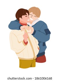 La pareja homosexual en cita. Dos jóvenes abrazan y sonríen en la calle en invierno. Los chicos LGBT felices doblaron sus manos en forma de corazón. Amor masculino con un fondo blanco aislado. Ilustración de material vectorial.