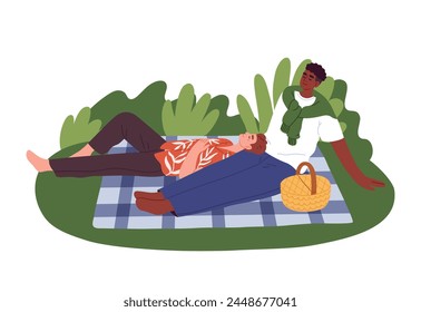 Homosexual couple on a picnic. Happy men relax in nature. Vector flat illustration.