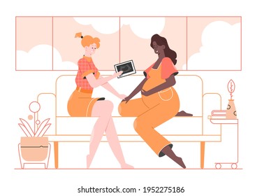 Homosexual couple of pretty girls is sitting on the couch, looking at ultrasound scan of the fetus. Happy family, pregnant woman, future parents. Vector flat illustration.