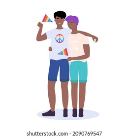 Pareja homosexual con banderas de arco iris en la mano. Comunidad Lgbt y miembros de apoyo ilustración vectorial de caricatura