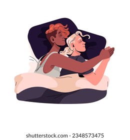 Homosexual couple sleep at night. Asleep LGBT people cuddle, relax in bed, relaxed partners lying and nap on pillow, cute relationship, top view. Flat isolated vector illustration on white background