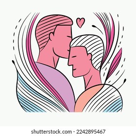 Homosexual couple vector line and flat illustration. Gay couple LGBT+. Valentine's Day design for men. Concept of free love, relationships, love and romance