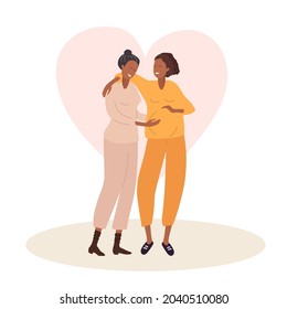 Homosexual couple waiting for baby. Two happy women embrace and smile. African American gay couple expecting baby. Motherhood happiness. LGBT, lesbian family Flat vector illustration
