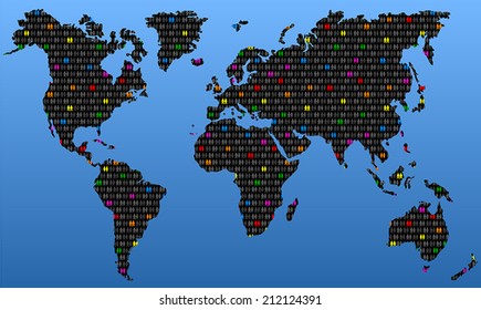 Homosexual couples evenly distributed among heterosexual couples around the world. Vector illustration on blue gradient background.