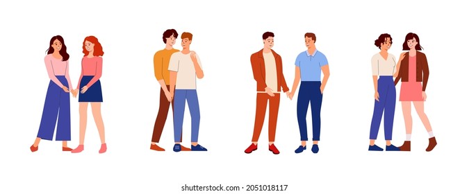 Homosexual couples. Happy lovers on date. Best friends holding hands and hugging.  Set of love couple standing together. Friendship and relationship concept. Flat vector illustration isolated on white