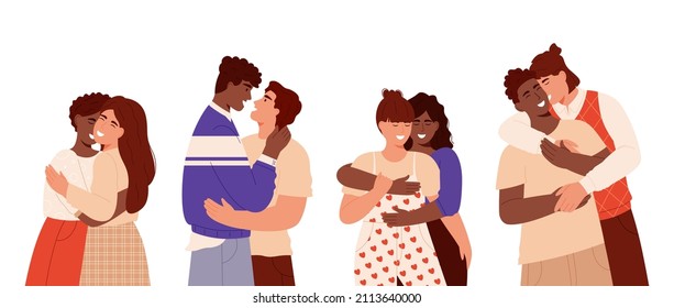 Homosexual Couples Set.Gay Couple In Love.Men And Women Hugging,cuddling And Smiling.Diverse Gay People In Romantic Relationships.Pride Month. Isolated On White Background.