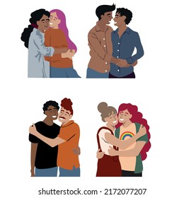 Homosexual couples set.Gay couple in love.Men and women hugging,cuddling and smiling.Diverse gay people in romantic relationships.Pride month. Isolated on white background. 