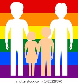 A homosexual family of two gays with children, a boy and a girl, against the background of the LGBT flag. Vector illustration