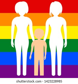 A homosexual family of two lesbians with a child boy against the background of the LGBT flag. Vector illustration