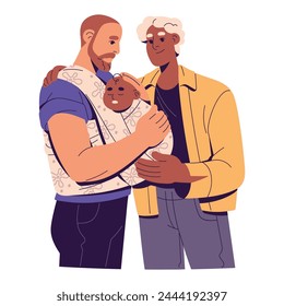 Homosexual fathers care about newborn together. Gays parents hold baby in carrier, kid sleeps in sling. Interracial lgbt family with new born. Flat isolated vector illustration on white background