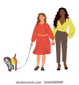 Homosexual female couple holding hands walking with dog vector illustration. Two women spending time together. Happy lifestyle concept. 