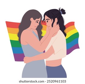 Homosexual female lgbt couple
and there is a rainbow flag behind.