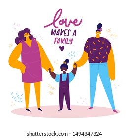 Homosexual female lgbt family.Two happy moms with african american daughter holding hands.Gay parents with adopted child.Non-traditional family.Love makes a family concept.Gay parents.Vector