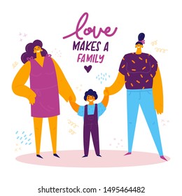 Homosexual female lgbt family.Two happy moms with son holding hands.Gay couple with child. Two women with boy. Non-traditional family. Love makes a family concept. Vector illustration