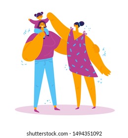 Homosexual female lgbt family.Two moms with happy daughter.Gay couple hold the baby. Two women with baby.Non-traditional family.Gay parents.Foster child.Vector