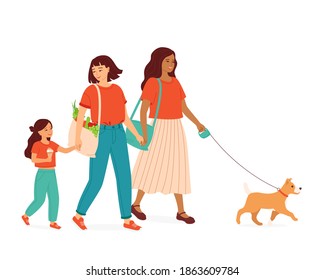 Madres homosexuales con un hijo y un perro caminan cogidos de la mano. Feliz familia gay multirracial con una hija pasa tiempo juntos. Transexual, pareja de géneros. Ilustración vectorial aislada 