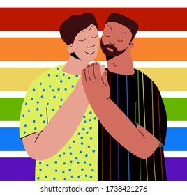 Homosexual gay couple against the background of the LGBT community flag. Happy guys in love hug. Modern hand drawing illustration 