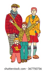 Homosexual gay lgbt family couple and kids. Color vector illustration. EPS8