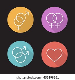 Homosexual and heterosexual relationships flat linear long shadow icons set. Gay, lesbian and hetero couples signs. Love equality. Heart shape pictogram. Vector line symbols