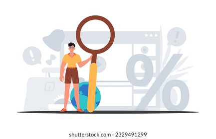 The homosexual is holding a magnifying glass in his handwrite . datum search concept. Trendy style, Vector Illustration