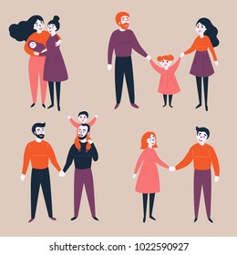 Homosexual lgbt non-traditional and traditional families. Different couples, heterosexual, gay and lesbian. Equality in rights illustration.