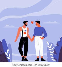 Homosexual love couple. Gay partners holding hands and embracing, happy male friends supporting each other, cartoon characters walking together. Vector flat illustration