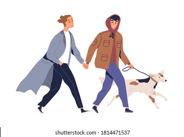 Homosexual male couple holding hands walking with dog vector flat illustration. Two men smiling spending time together feeling love isolated on white. Enamored man pet owners enjoying promenade.