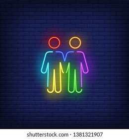 Homosexual male couple neon sign. Rainbow colored guys shape, men, lgbt. Vector illustration in neon style for bright banners, light billboards, gay pride flyer