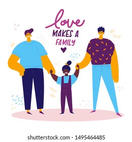 Homosexual male lgbt family.Two happy men with african american daughter holding hands.Gay couple with adopted child.Non-traditional family. Gay parents.Love makes a family concept.Vector illustration