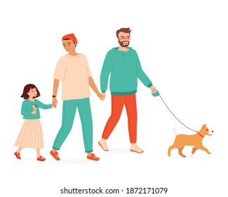 Homosexual Male Parents With A Child And A Dog Walk Holding Hands. Happy Multiracial Gay  Family With A Daughter Spends Time Together. Transgender, Genderqueer Couple. Isolated Vector Illustration 