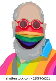 A homosexual man with a mask in the colors of the rainbow that symbolises LGBT. Isolated on white. Vector graphics.