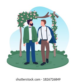 Homosexual married couple 2D vector web banner, poster. Gay couple holding hands. Groom and groom flat characters on cartoon background. Wedding printable patch, colorful web element