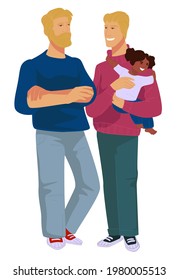 Homosexual married couple of men holding and raising small child. Adoption and care for children, happy family of fathers and kid. Parenthood and childhood, embracing people. Vector in flat style