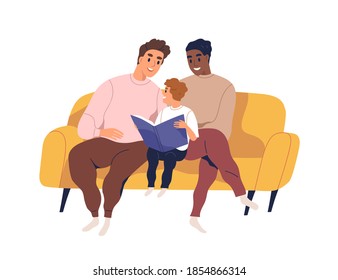 Homosexual married couple spend time together with son. Loving gay fathers and child embracing on sofa and reading book. Flat vector cartoon illustration of cute fatherhood scene isolated on white.