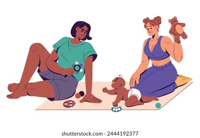 Homosexual mothers care about baby together. Lesbian moms sit on floor, play with kid with toys. Happy newborn crawls. Interracial lgbt family with infant. Flat isolated vector illustration on white