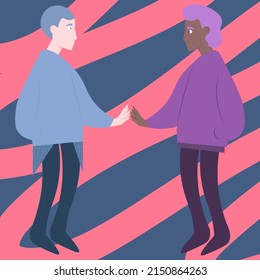 A homosexual non-binary couple. Nice postcard. Vector drawing in a flat cartoon style. An international gay couple in love