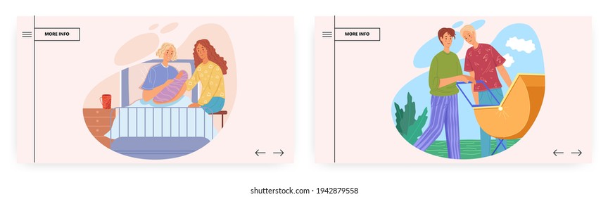 Homosexual parents landing page design, website banner vector template set. Happy gay and lesbian couples with babies.