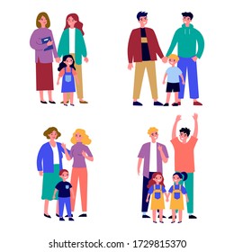 Homosexual parents set. Happy families of gay couples and children flat vector illustrations. Homosexuality, adoption, equality concept for banner, website design or landing web page