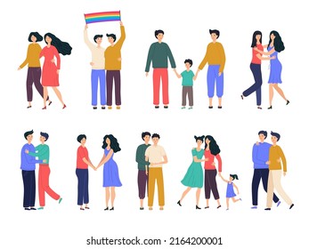 Homosexual people. Multiracial lgbt community loving lesbian and gay persons recent vector characters in flat style