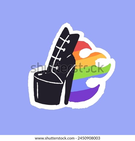 Homosexual pride flag, rainbow with high heel platform shoes. LGBT symbol, LGBTQ sticker. Acceptance of sexual orientation, gender. Self determination. Flat hand drawn isolated vector illustration