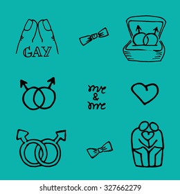 Homosexual relationship scribble icon set on blue background.